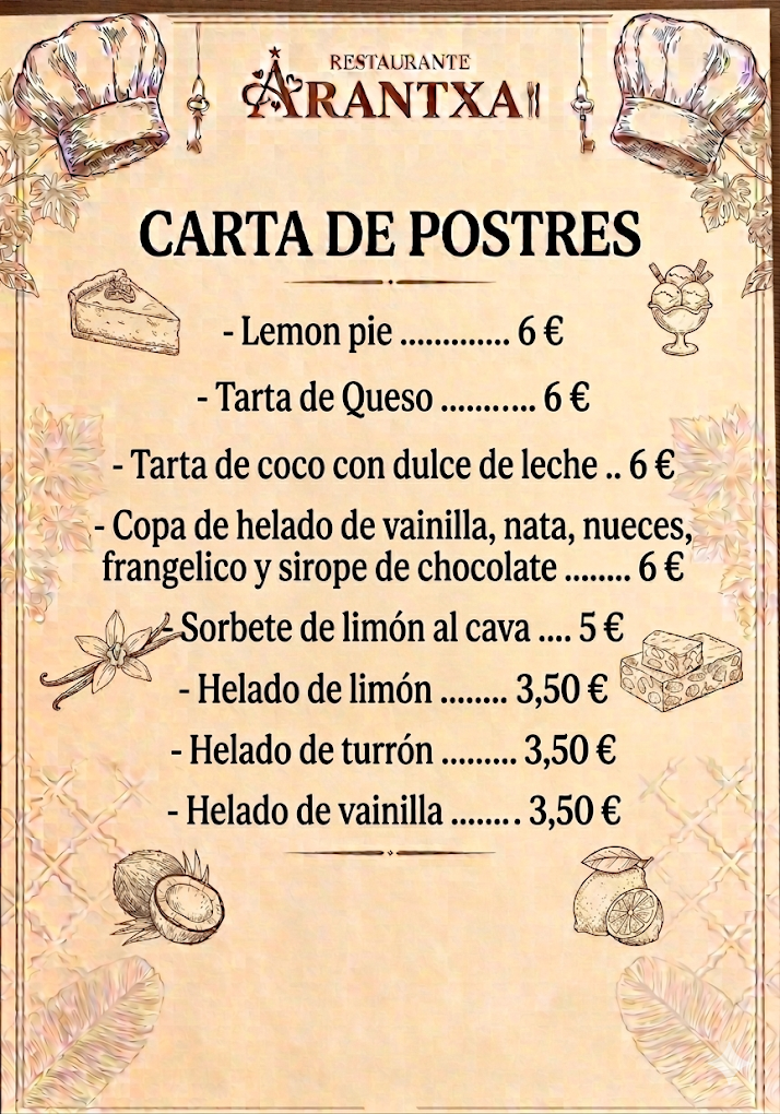 Carta de postres de Arantxa
